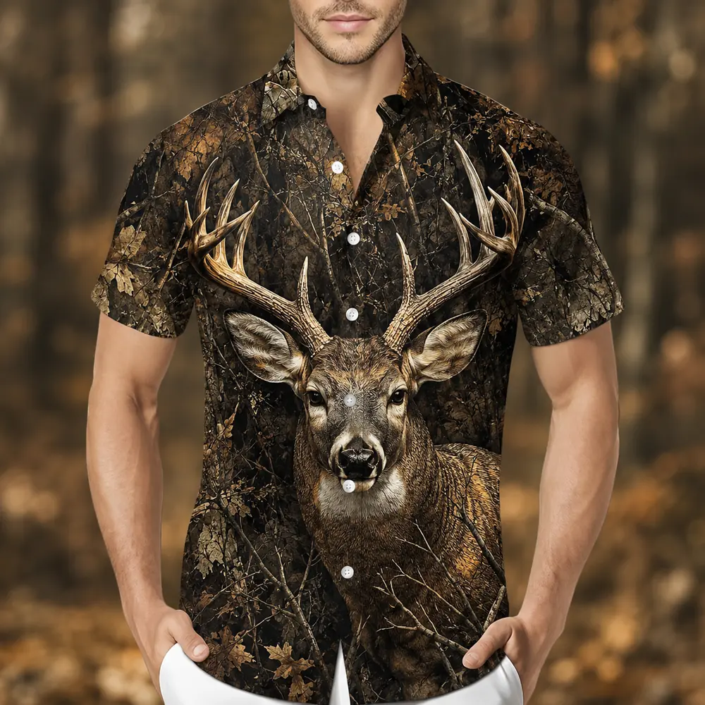 Personalized Deer Hunting Hawaiian Shirt For Men, Short Sleeve Dark Forest Camo Print, Custom Name Summer Button Down - Style 5