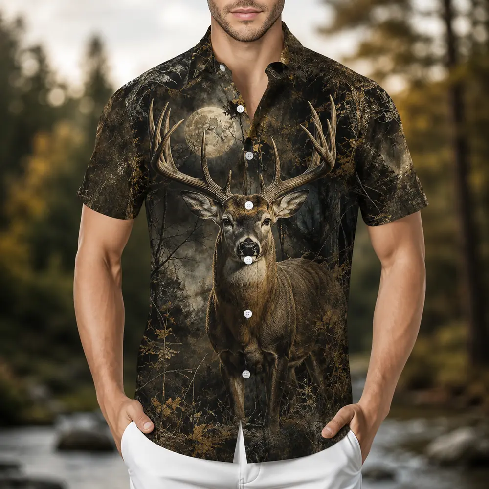 Personalized Deer Hunting Hawaiian Shirt For Men, Short Sleeve Dark Forest Camo Print, Custom Name Summer Button Down - Style 6