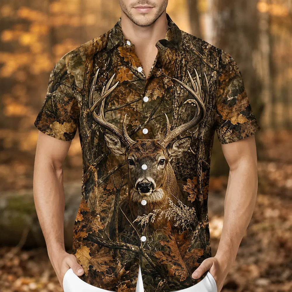 Personalized Deer Hunting Hawaiian Shirt For Men, Short Sleeve Dark Forest Camo Print, Custom Name Summer Button Down - Style 8