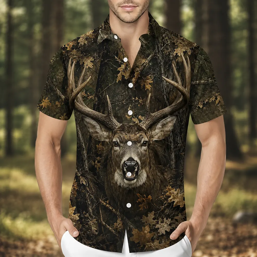 Personalized Deer Hunting Hawaiian Shirt For Men, Short Sleeve Dark Forest Camo Print, Custom Name Summer Button Down - Style 9