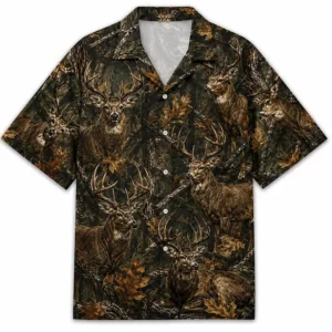 Personalized Deer Hunting Hawaiian Shirt For Men, Short Sleeve Leaf Camo Forest Print, Custom Name Summer Button Down - Style 2