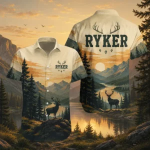 Personalized Deer Hunting Hawaiian Shirt, Unisex Short Sleeve Nature Wildlife Print, Custom Name Summer Button Down - Style 1