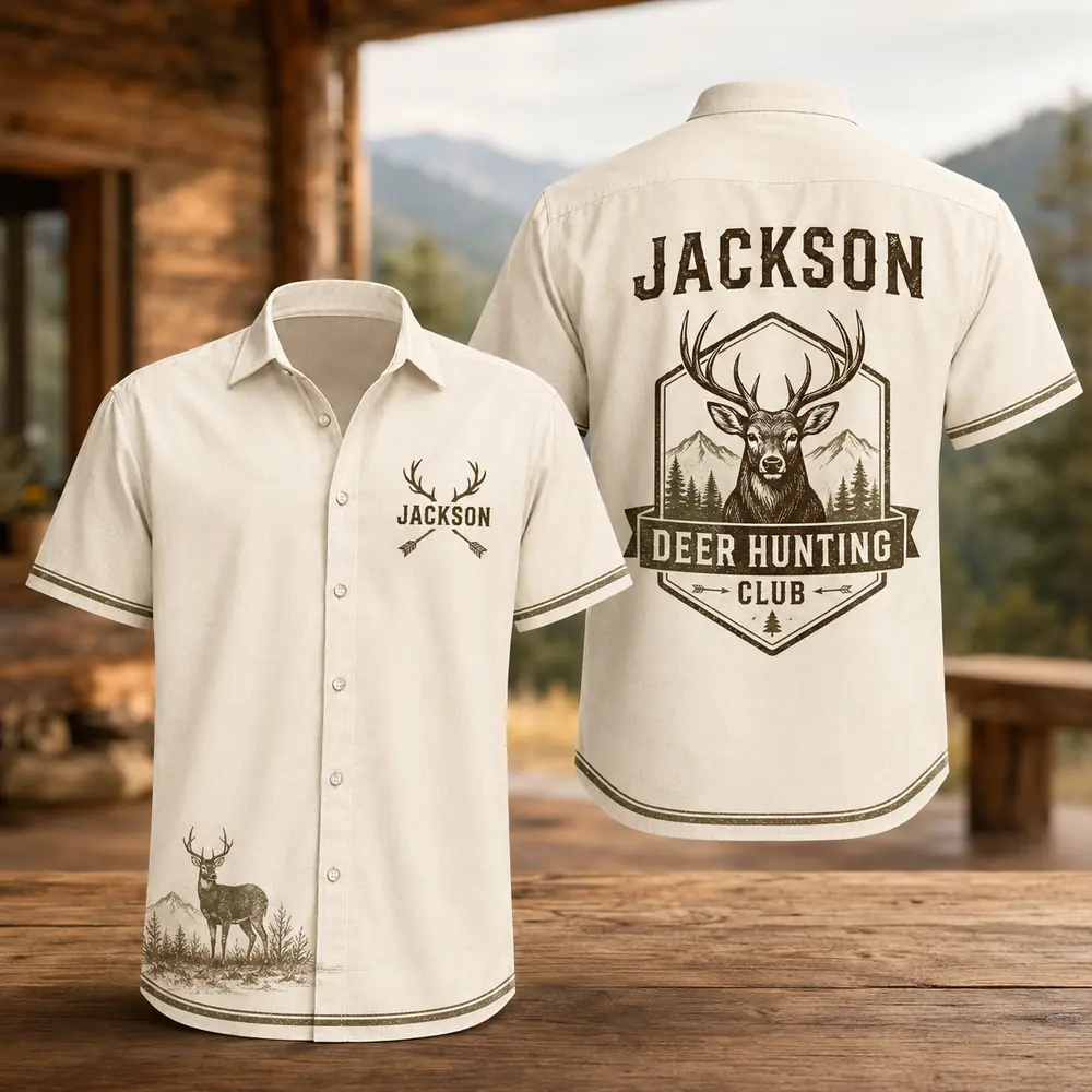 Personalized Deer Hunting Hawaiian Shirt, Unisex Short Sleeve Outdoorsman Graphic, Custom Name Summer Button Down - Style 2