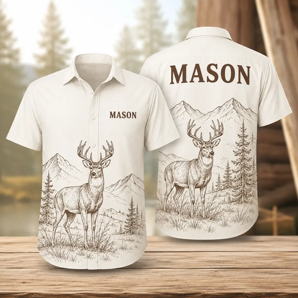 Personalized Deer Hunting Hawaiian Shirt, Unisex Short Sleeve Outdoorsman Graphic, Custom Name Summer Button Down - Style 4