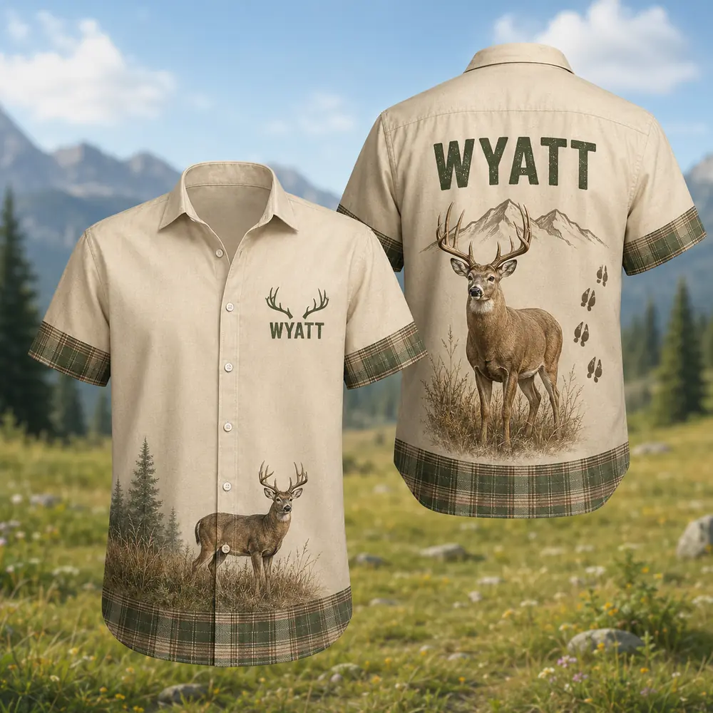 Personalized Deer Hunting Hawaiian Shirt, Unisex Short Sleeve Outdoorsman Graphic, Custom Name Summer Button Down - Style 5
