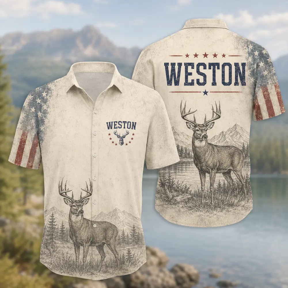 Personalized Deer Hunting Hawaiian Shirt, Unisex Short Sleeve Outdoorsman Graphic, Custom Name Summer Button Down - Style 7