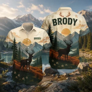Personalized Deer Hunting Hawaiian Shirt, Unisex Short Sleeve Rustic Wildlife Design, Custom Name Summer Button Down - Style 1