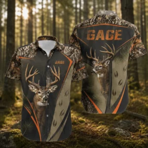 Personalized Deer Hunting Hawaiian Shirt, Unisex Short Sleeve Rustic Wildlife Design, Custom Name Summer Button Down - Style 2