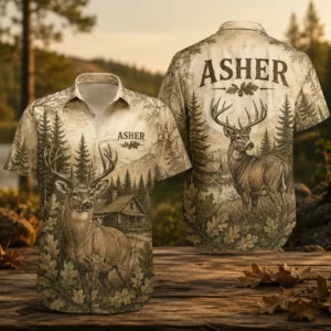 Personalized Deer Hunting Hawaiian Shirt, Unisex Short Sleeve Wildlife Forest Print, Custom Name Summer Button Down - Style 1