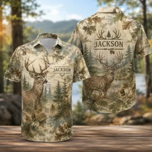 Personalized Deer Hunting Hawaiian Shirt, Unisex Vintage Forest Wildlife Gift, Custom Summer Short Sleeve Beach Shirt - Style 1