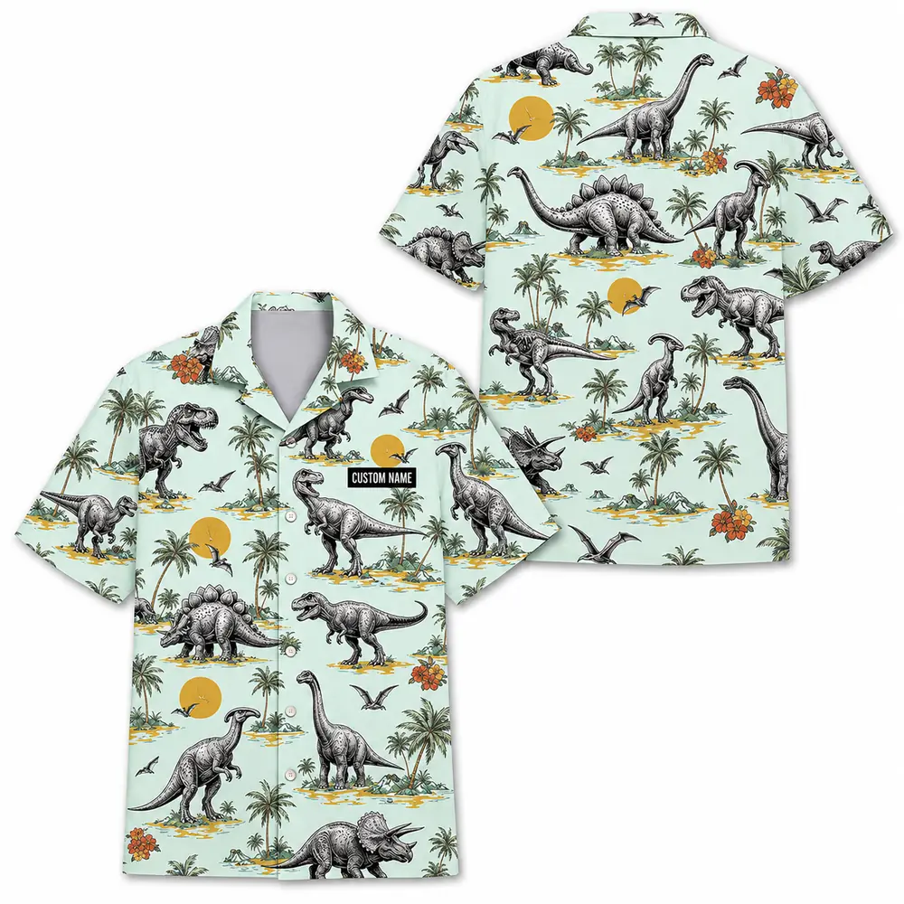 Personalized Dinosaur Summer Beach Aloha Hawaiian Shirt For Men And Women, Short Sleeve Funny Prehistoric Animal Island Vacation, Custom Name Button Down - Style 1