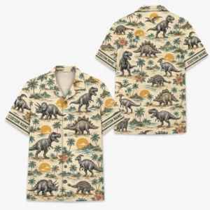 Personalized Dinosaur Summer Beach Aloha Hawaiian Shirt For Men And Women, Short Sleeve Funny Prehistoric Animal Island Vacation, Custom Name Button Down - Style 2
