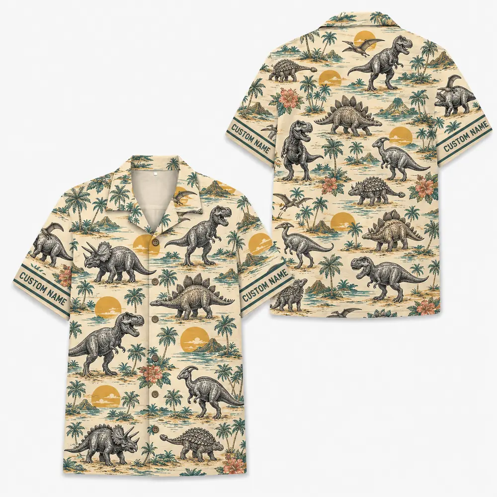 Personalized Dinosaur Summer Beach Aloha Hawaiian Shirt For Men And Women, Short Sleeve Funny Prehistoric Animal Island Vacation, Custom Name Button Down - Style 2