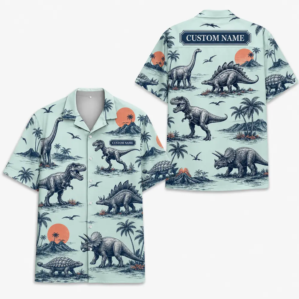 Personalized Dinosaur Summer Beach Aloha Hawaiian Shirt For Men And Women, Short Sleeve Funny Prehistoric Animal Island Vacation, Custom Name Button Down - Style 3