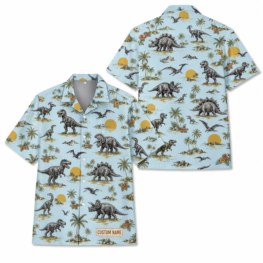 Personalized Dinosaur Summer Beach Aloha Hawaiian Shirt For Men And Women, Short Sleeve Funny Prehistoric Animal Island Vacation, Custom Name Button Down - Style 4