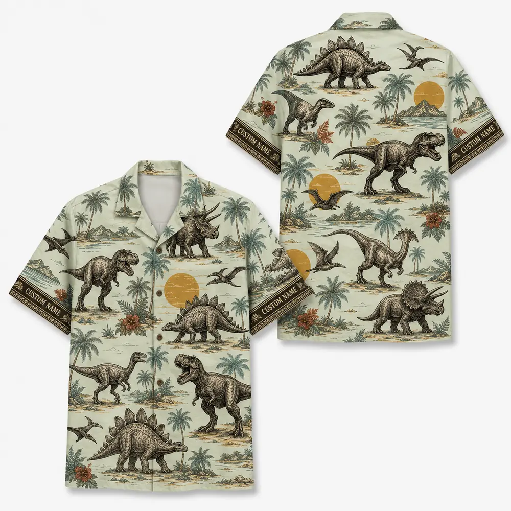 Personalized Dinosaur Summer Beach Aloha Hawaiian Shirt For Men And Women, Short Sleeve Funny Prehistoric Animal Island Vacation, Custom Name Button Down - Style 5