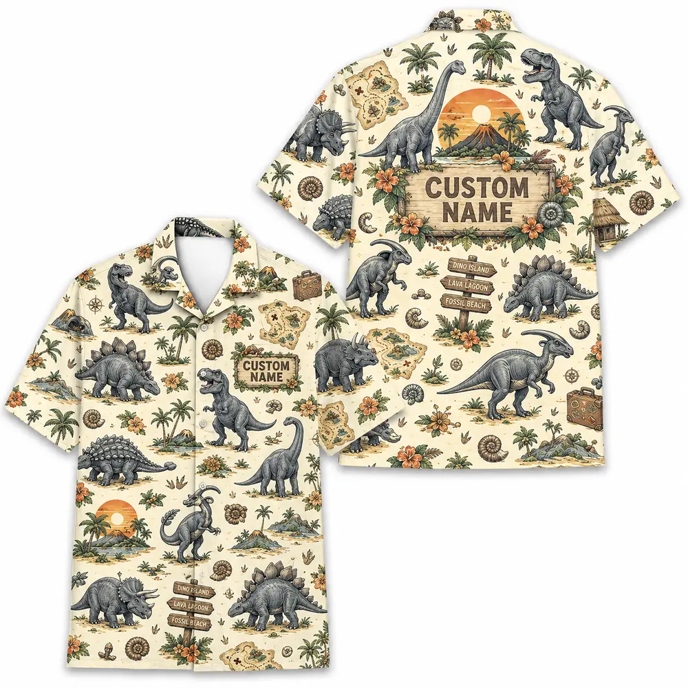 Personalized Dinosaur Summer Beach Aloha Hawaiian Shirt For Men And Women, Short Sleeve Funny Prehistoric Animal Island Vacation, Custom Name Button Down - Style 6