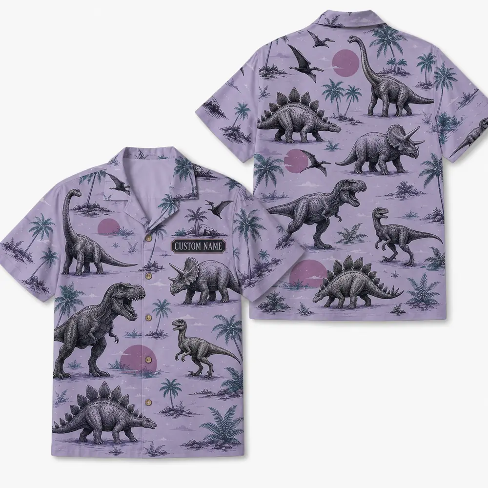 Personalized Dinosaur Summer Beach Aloha Hawaiian Shirt For Men And Women, Short Sleeve Funny Prehistoric Animal Island Vacation, Custom Name Button Down - Style 7