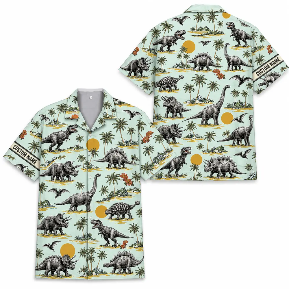Personalized Dinosaur Summer Beach Aloha Hawaiian Shirt For Men And Women, Short Sleeve Funny Prehistoric Animal Island Vacation, Custom Name Button Down - Style 8