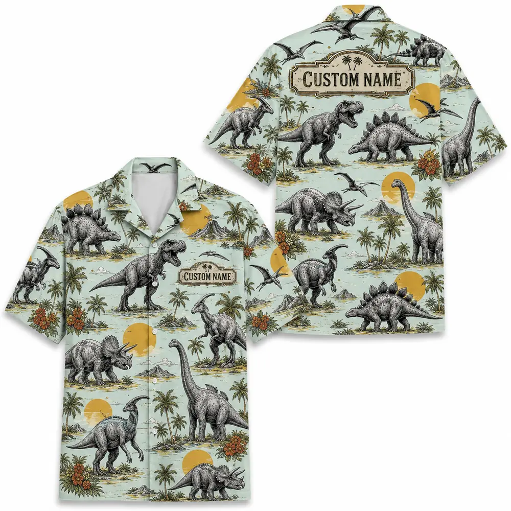 Personalized Dinosaur Summer Beach Aloha Hawaiian Shirt For Men And Women, Short Sleeve Funny Prehistoric Animal Island Vacation, Custom Name Button Down - Style 9
