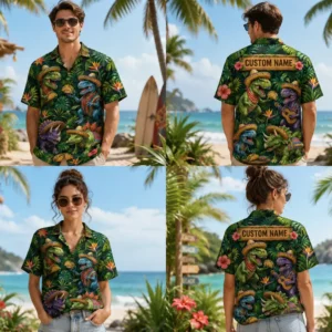 Personalized Dinosaur Tropical Hawaiian Shirt For Men And Women, Short Sleeve Funny Dino Party Island Vacation Print, Custom Name Summer Button Down - View 1