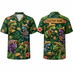 Personalized Dinosaur Tropical Hawaiian Shirt For Men And Women, Short Sleeve Funny Dino Party Island Vacation Print, Custom Name Summer Button Down