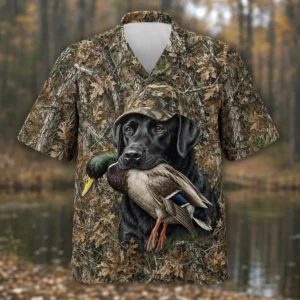 Personalized Duck Hunting Dog Hawaiian Shirt For Men, Short Sleeve Woodland Wildlife Print, Custom Name Summer Button Down - Style 1