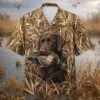 Personalized Duck Hunting Dog Hawaiian Shirt For Men, Short Sleeve Woodland Wildlife Print, Custom Name Summer Button Down - Style 2