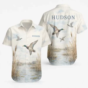 Personalized Duck Hunting Hawaiian Shirt For Men And Women, Short Sleeve Marshland Wildlife Print, Custom Name Summer Button Down - Style 1