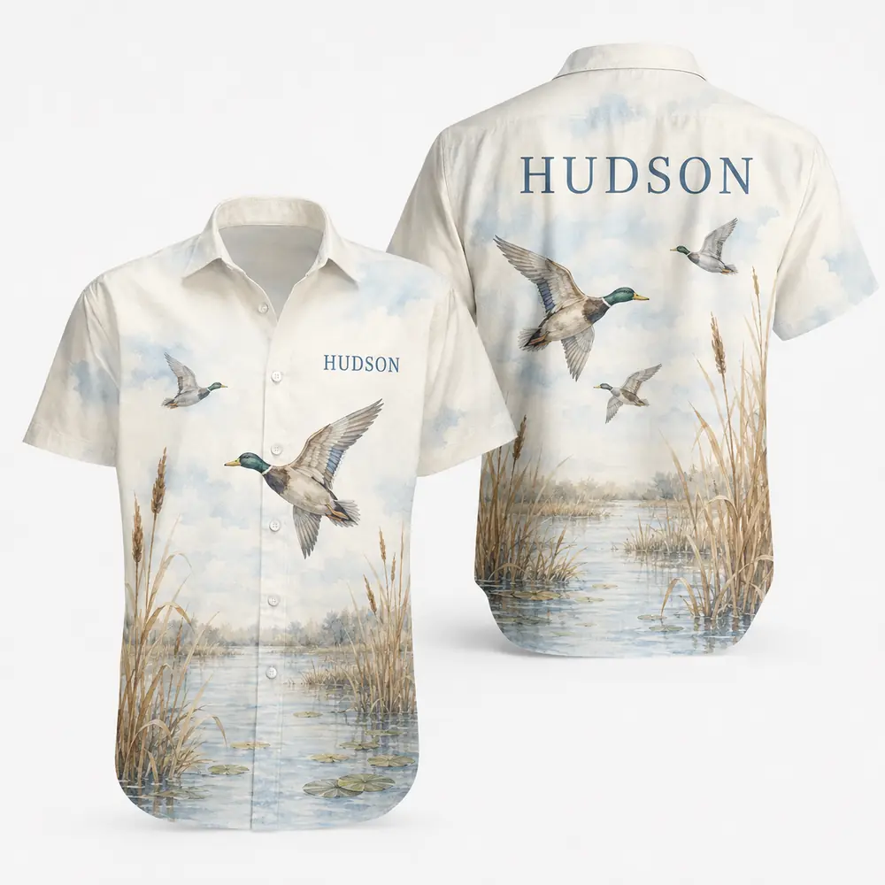 Personalized Duck Hunting Hawaiian Shirt For Men And Women, Short Sleeve Marshland Wildlife Print, Custom Name Summer Button Down - Style 1