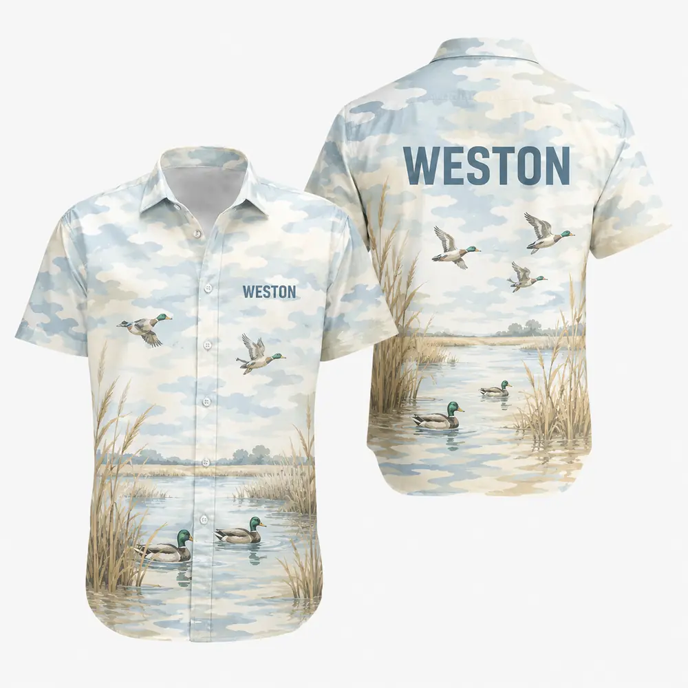 Personalized Duck Hunting Hawaiian Shirt For Men And Women, Short Sleeve Marshland Wildlife Print, Custom Name Summer Button Down - Style 8
