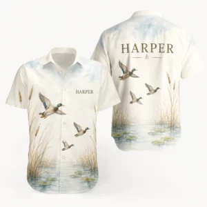 Personalized Duck Hunting Hawaiian Shirt For Men And Women, Short Sleeve Serene Wildlife Print, Custom Name Summer Button Down - Style 1