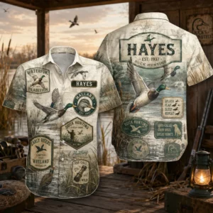 Personalized Duck Hunting Hawaiian Shirt For Men And Women, Short Sleeve Sunset Waterfowl Print, Custom Name Summer Button Down - Style 1