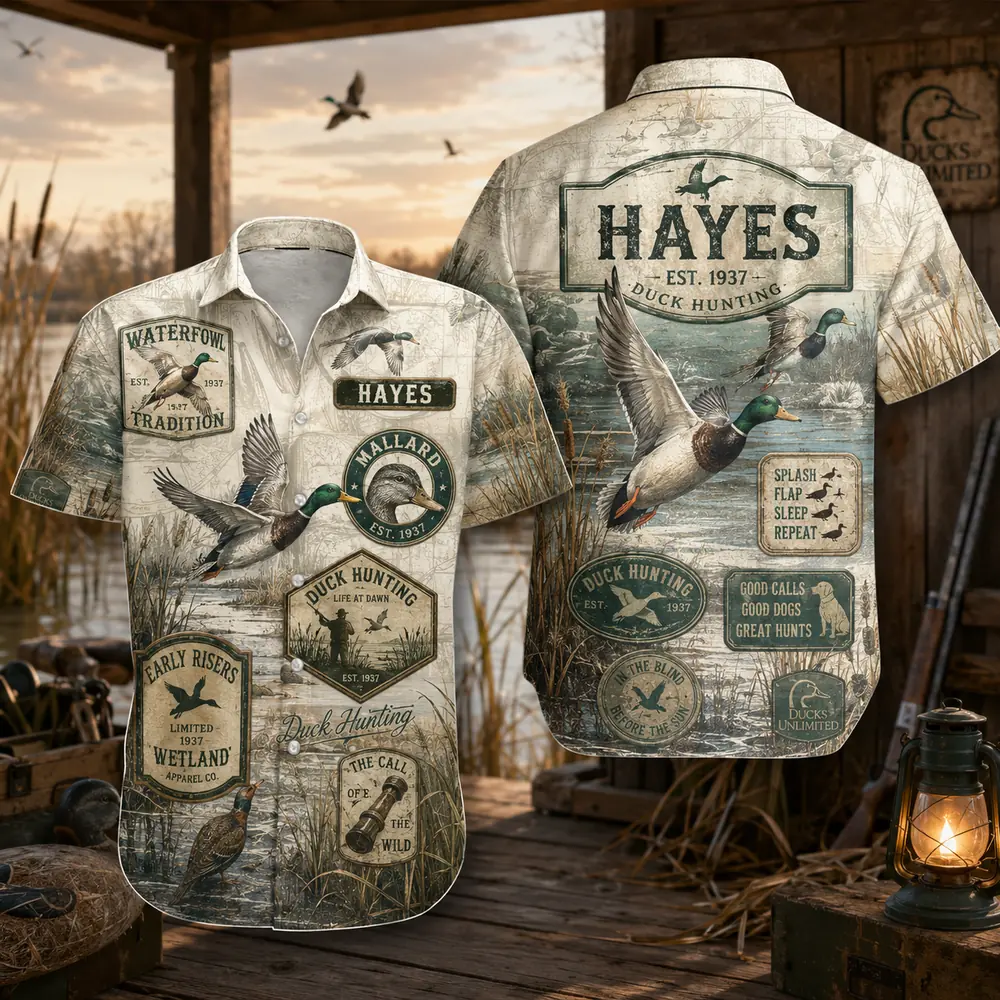 Personalized Duck Hunting Hawaiian Shirt For Men And Women, Short Sleeve Sunset Waterfowl Print, Custom Name Summer Button Down - Style 1