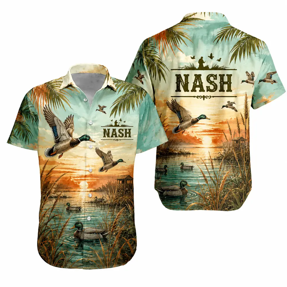 Personalized Duck Hunting Hawaiian Shirt For Men And Women, Short Sleeve Sunset Waterfowl Print, Custom Name Summer Button Down - Style 2