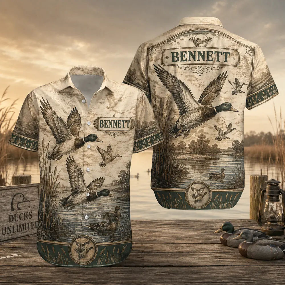 Personalized Duck Hunting Hawaiian Shirt For Men And Women, Short Sleeve Sunset Waterfowl Print, Custom Name Summer Button Down - Style 3