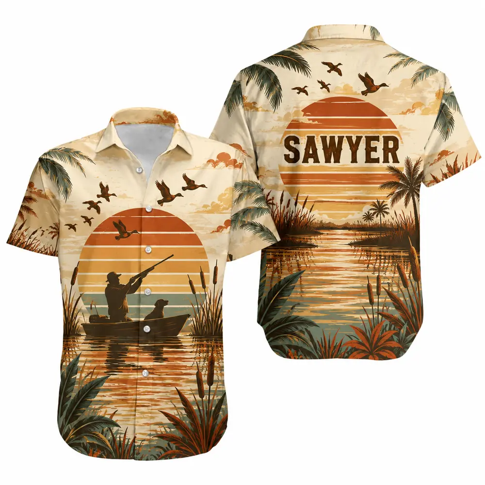 Personalized Duck Hunting Hawaiian Shirt For Men And Women, Short Sleeve Sunset Waterfowl Print, Custom Name Summer Button Down - Style 4