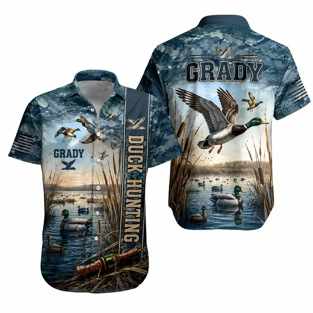 Personalized Duck Hunting Hawaiian Shirt For Men And Women, Short Sleeve Sunset Waterfowl Print, Custom Name Summer Button Down - Style 5