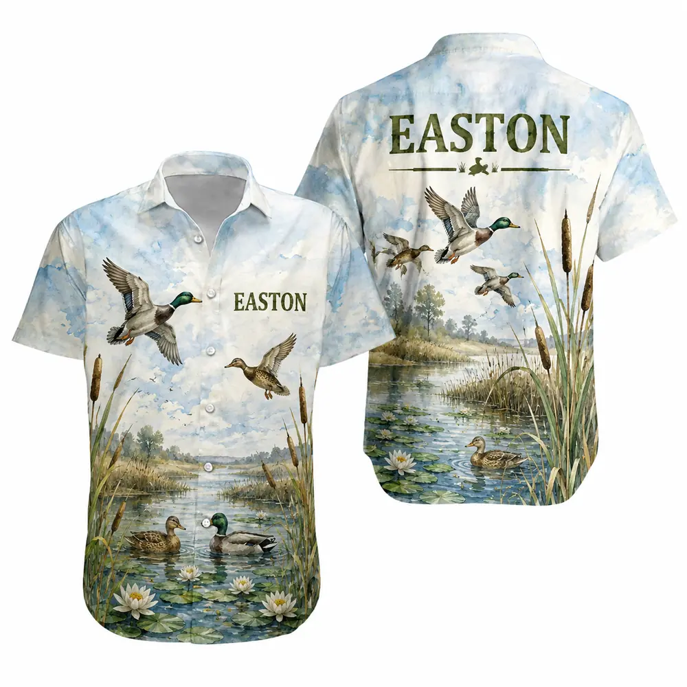 Personalized Duck Hunting Hawaiian Shirt For Men And Women, Short Sleeve Sunset Waterfowl Print, Custom Name Summer Button Down - Style 7