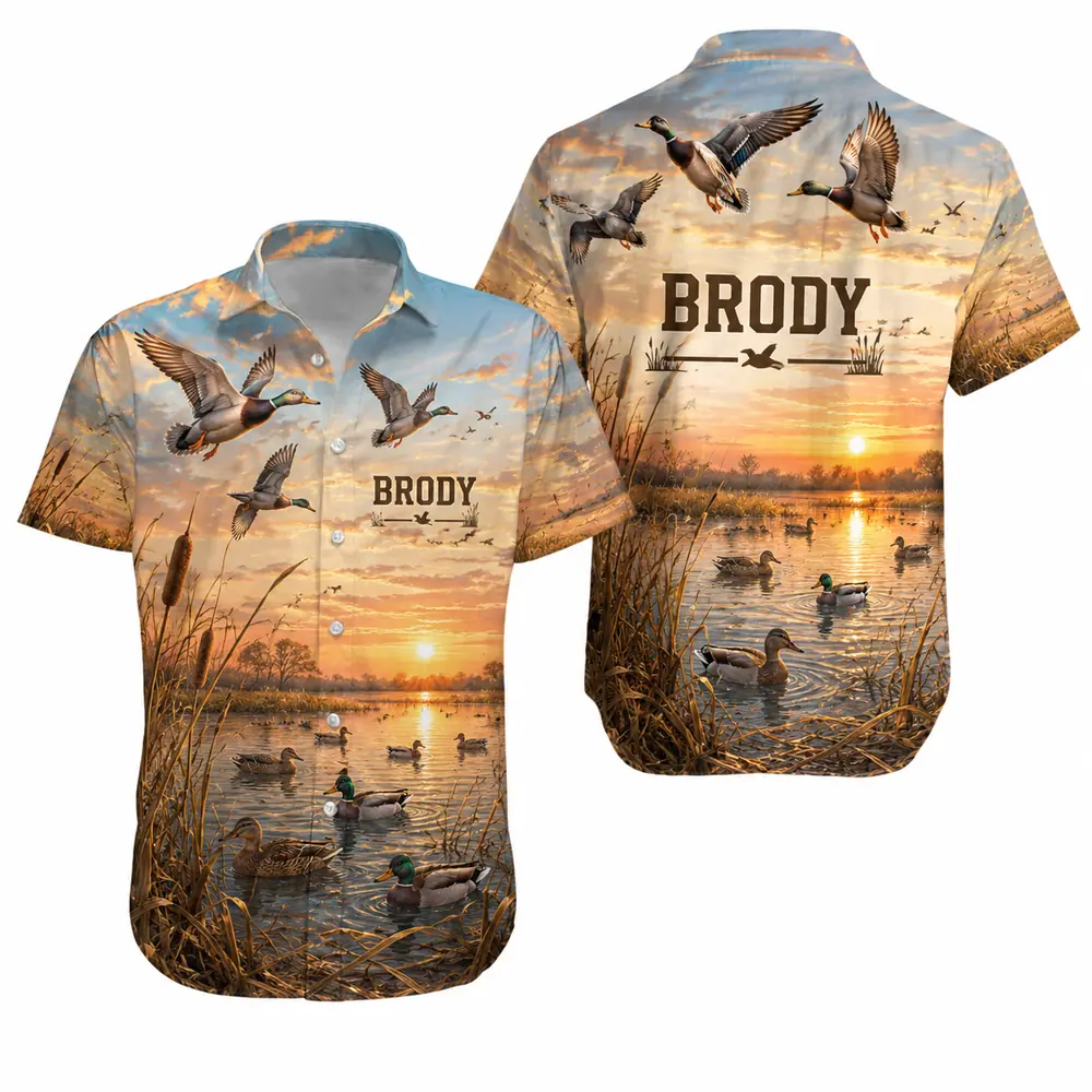 Personalized Duck Hunting Hawaiian Shirt For Men And Women, Short Sleeve Sunset Waterfowl Print, Custom Name Summer Button Down - Style 8