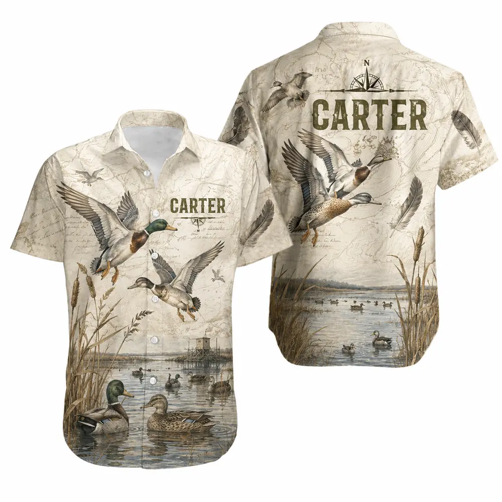 Personalized Duck Hunting Hawaiian Shirt For Men And Women, Short Sleeve Sunset Waterfowl Print, Custom Name Summer Button Down - Style 9