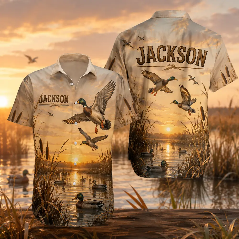 Personalized Duck Hunting Hawaiian Shirt For Men And Women, Short Sleeve Waterfowl Wildlife Print, Custom Name Summer Button Down - Style 1