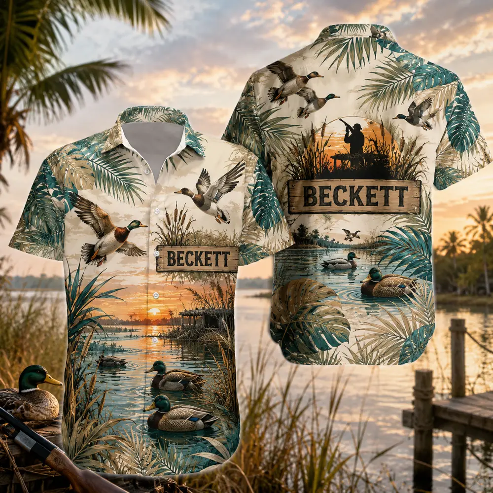 Personalized Duck Hunting Hawaiian Shirt For Men And Women, Short Sleeve Waterfowl Wildlife Print, Custom Name Summer Button Down - Style 2