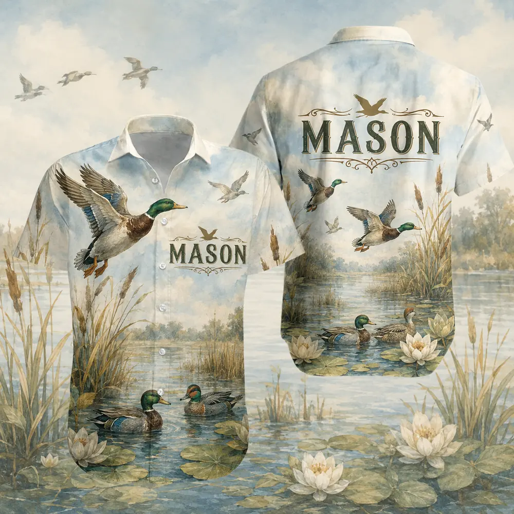 Personalized Duck Hunting Hawaiian Shirt For Men And Women, Short Sleeve Waterfowl Wildlife Print, Custom Name Summer Button Down - Style 4