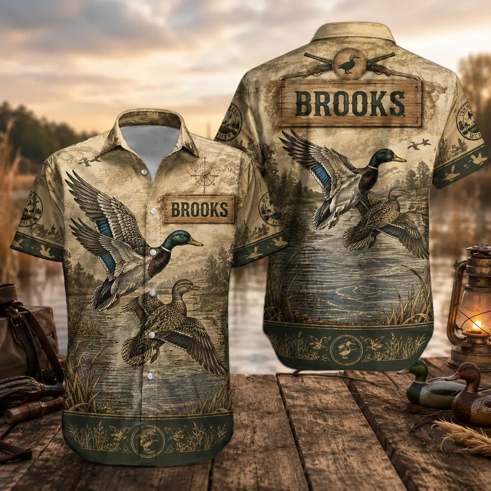 Personalized Duck Hunting Hawaiian Shirt For Men And Women, Short Sleeve Waterfowl Wildlife Print, Custom Name Summer Button Down - Style 7