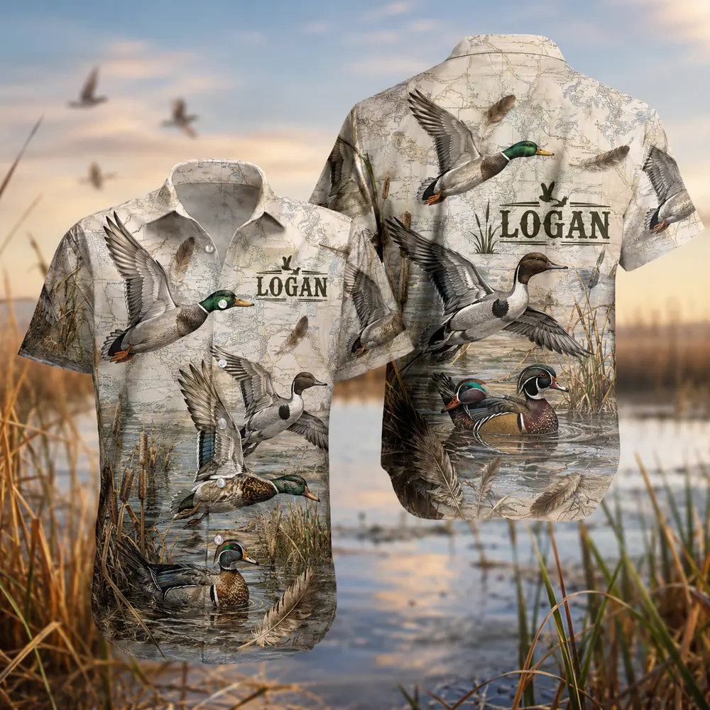 Personalized Duck Hunting Hawaiian Shirt For Men And Women, Short Sleeve Waterfowl Wildlife Print, Custom Name Summer Button Down - Style 8