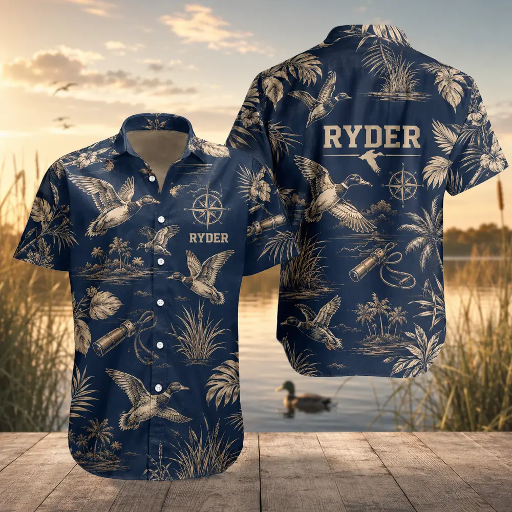 Personalized Duck Hunting Hawaiian Shirt For Men And Women, Short Sleeve Waterfowl Wildlife Print, Custom Name Summer Button Down - Style 9