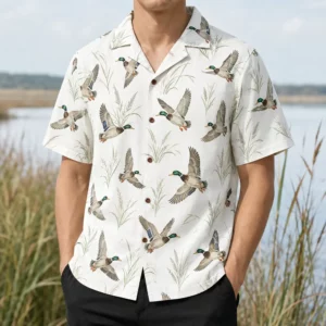 Personalized Duck Hunting Hawaiian Shirt For Men, Short Sleeve Nature-Inspired Wildlife Print, Custom Name Summer Button Down