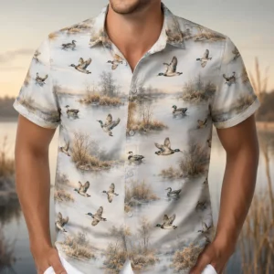 Personalized Duck Hunting Hawaiian Shirt For Men, Short Sleeve Scenic Wildlife Print, Custom Name Summer Button Down - Style 1