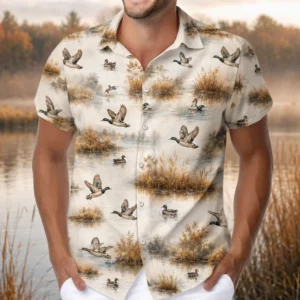 Personalized Duck Hunting Hawaiian Shirt For Men, Short Sleeve Scenic Wildlife Print, Custom Name Summer Button Down - Style 2